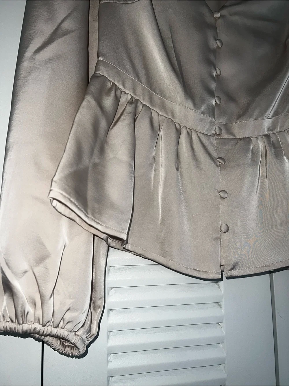 Light Beige  Satin Peplum Blouse - Women Tops